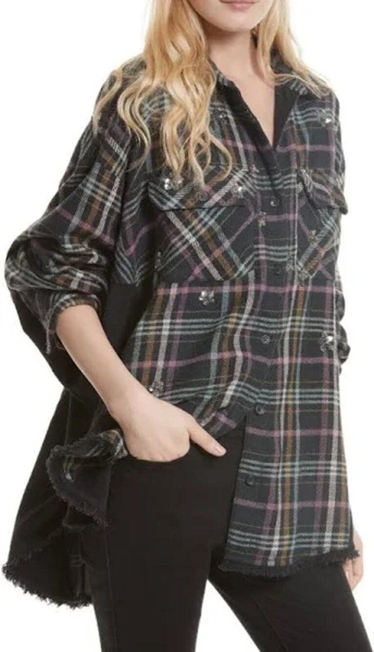 Free People Charcoal Gray Plaid Embellished w/ Sequin Stars Shirts
